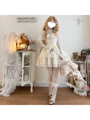  Lolita Dress Ballet Wind Flower Wedding JSK Strap Dress apricot（Having a tail wing）