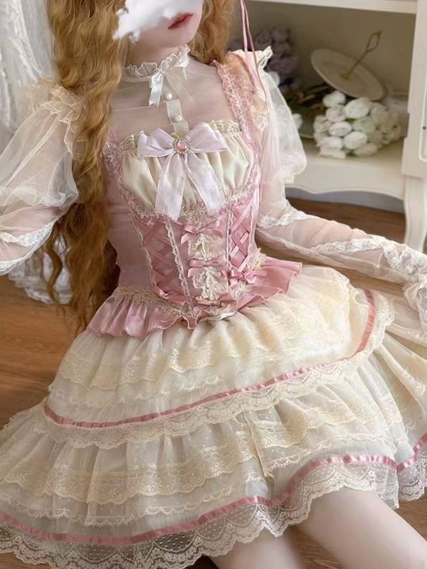 Lolita Dress Ballet Wind Flower Wedding JSK Strap Dress pink Lolita Dress Ballet Wind Flower Wedding JSK Strap Dress pink