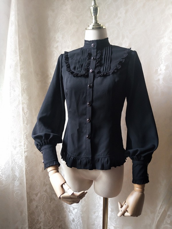Ruffled Stand Collar Long Bishop Sleeve Blouse