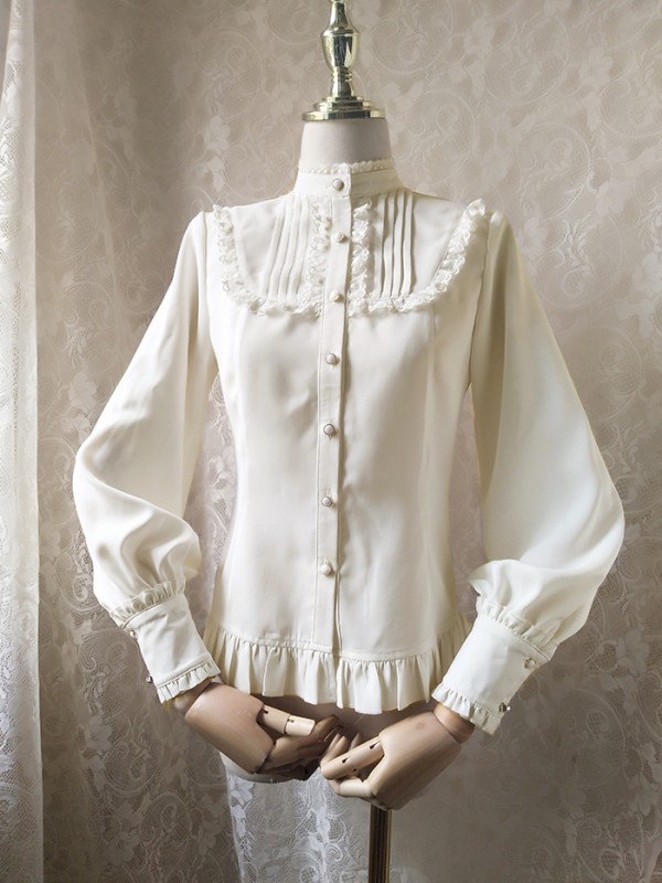 Ruffled Stand Collar Long Bishop Sleeve Blouse