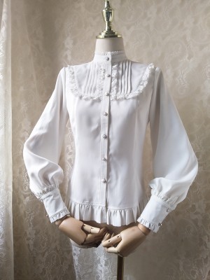 Ruffled Stand Collar Long Bishop Sleeve Blouse