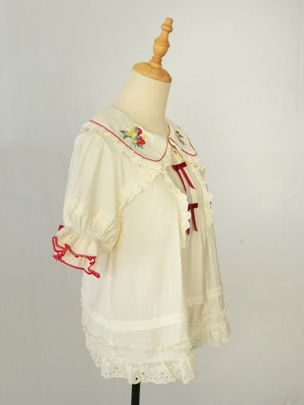 Bow Lolita Doll Collar Cute Strawberry Embroidery Blouse Bow Lolita Doll Collar Cute Strawberry Embroidery Blouse