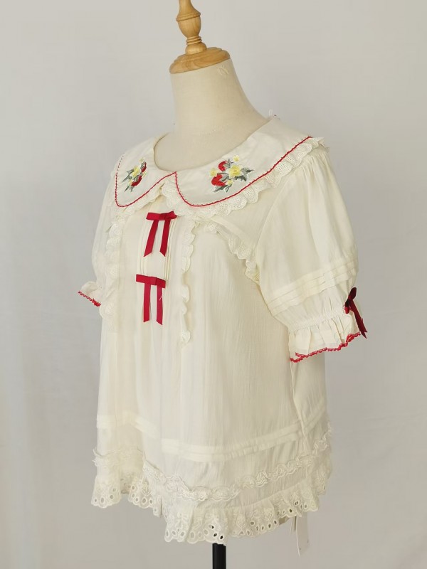 Bow Lolita Doll Collar Cute Strawberry Embroidery Blouse Bow Lolita Doll Collar Cute Strawberry Embroidery Blouse