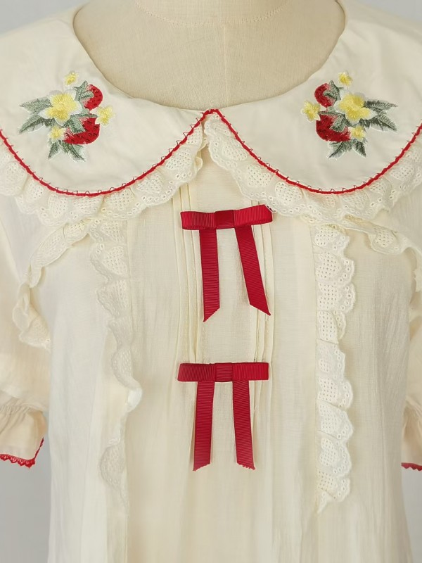 Bow Lolita Doll Collar Cute Strawberry Embroidery Blouse Bow Lolita Doll Collar Cute Strawberry Embroidery Blouse