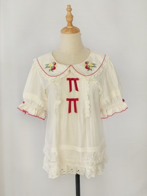 Bow Lolita Doll Collar Cute Strawberry Embroidery Blouse