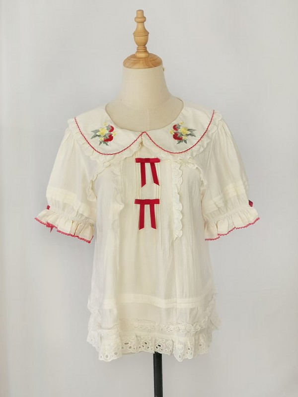 Bow Lolita Doll Collar Cute Strawberry Embroidery Blouse Bow Lolita Doll Collar Cute Strawberry Embroidery Blouse