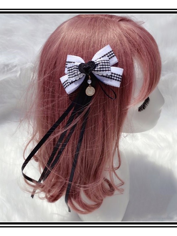 2 Black and White Hair Clips with Ribbons