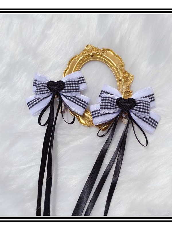 2 Black and White Hair Clips with Ribbons 2 Black and White Hair Clips with Ribbons