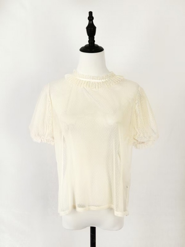 Short sleeved dotted yarn stand up collar with bubble sleeves for inner wear Short sleeved dotted yarn stand up collar with bubble sleeves for inner wear