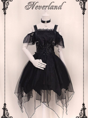 Ash Gothic Jumperskirt Black irregular mesh hem Lolita Dress