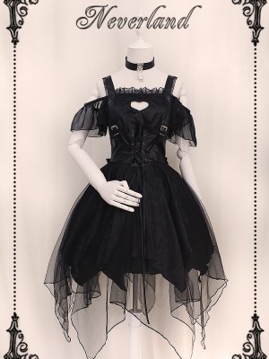 Ash Gothic Jumperskirt Black irregular mesh hem Lolita Dress