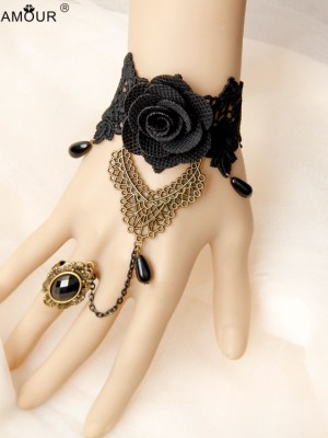 Baroque Black Flower Pearl Lace Wrist Band