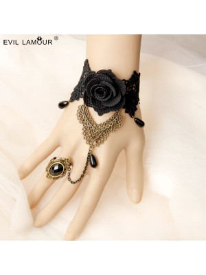 Baroque Black Flower Pearl Lace Wrist Band