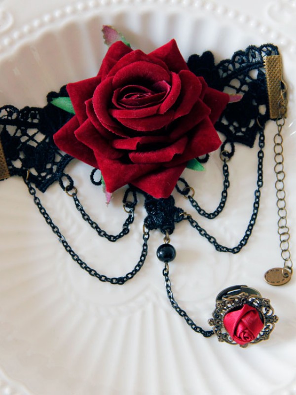 Baroque Vintage Leisure Halloween Red Rose Fringe Wrist Band