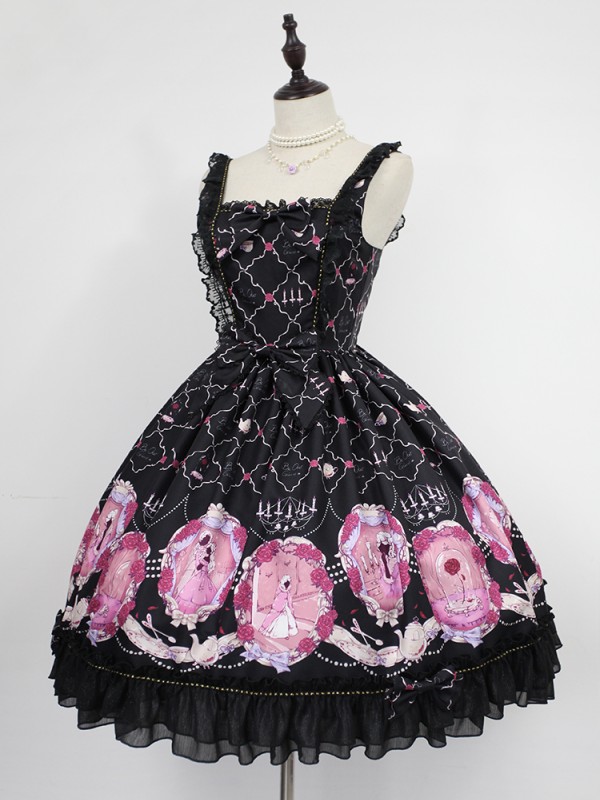 Sweet Vintage Beauty and Beast Print Lolita Jumperskirt Sweet Vintage Beauty and Beast Print Lolita Jumperskirt