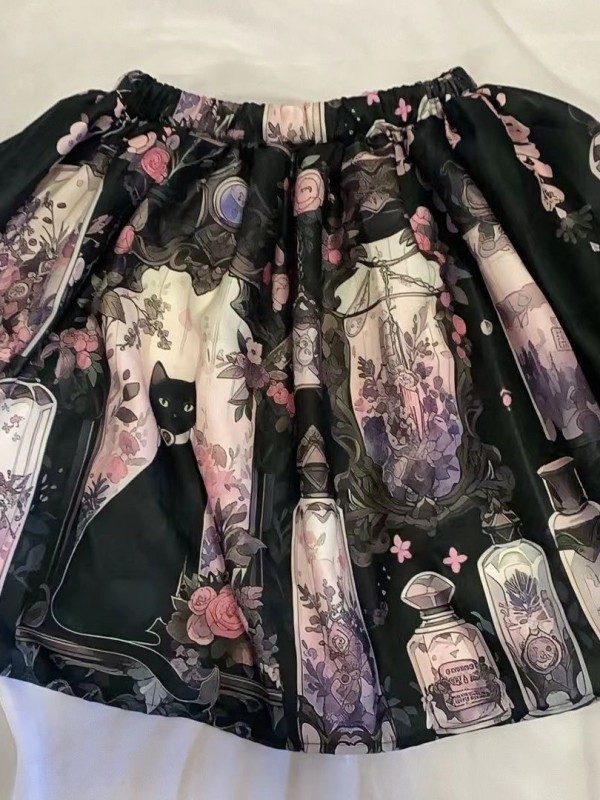 Black Cat Colorful Window printed Gothic half skirt