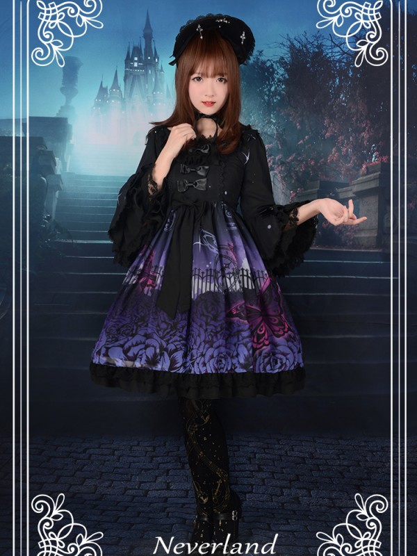 Dark Gothic Printed Lolita Dress Butterfly Cemetery One Piece