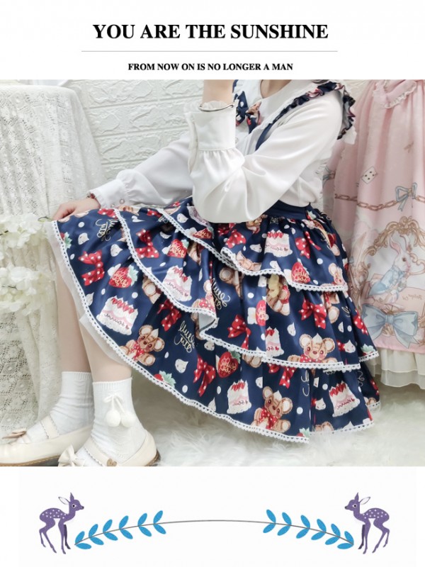 Eieyomi - Strawberry Cake Bear Suspender Skirt Eieyomi - Strawberry Cake Bear Suspender Skirt