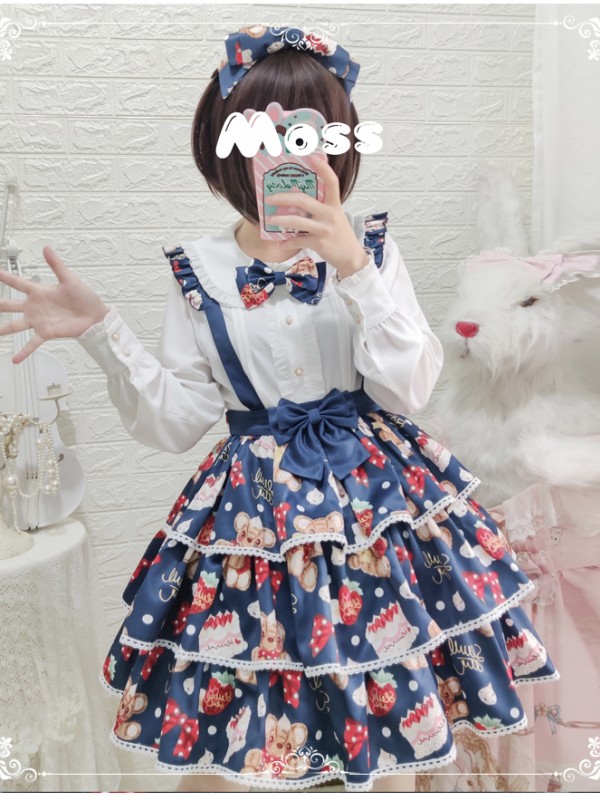 Eieyomi - Strawberry Cake Bear Suspender Skirt Eieyomi - Strawberry Cake Bear Suspender Skirt
