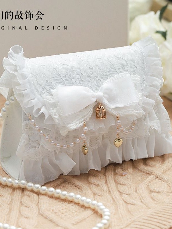 White Retro Flowers Box Mini Crossbody Bags Lolita Pearl Chain Bag