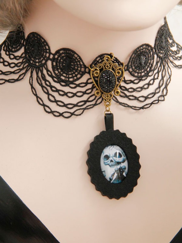 Gothic Skeleton Pendant Black Lace Choker Gothic Skeleton Pendant Black Lace Choker