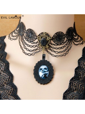 Gothic Skeleton Pendant Black Lace Choker