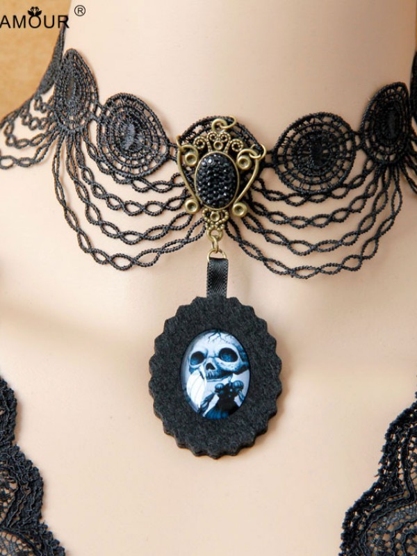 Gothic Skeleton Pendant Black Lace Choker Gothic Skeleton Pendant Black Lace Choker