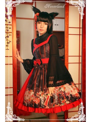 Haunted Night Red and Black Print Nine Tails Fox JSK Lolita Suspender Dress