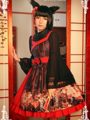Haunted Night Red and Black Print Nine Tails Fox JSK Lolita Suspender Dress