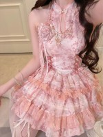 Lolita Chinese style hanging neck dress pink Lolita Chinese style hanging neck dress pink