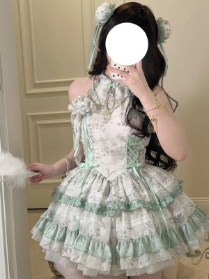 Lolita Chinese style hanging neck dress green