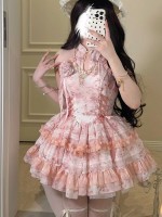 Lolita Chinese style hanging neck dress pink Lolita Chinese style hanging neck dress pink