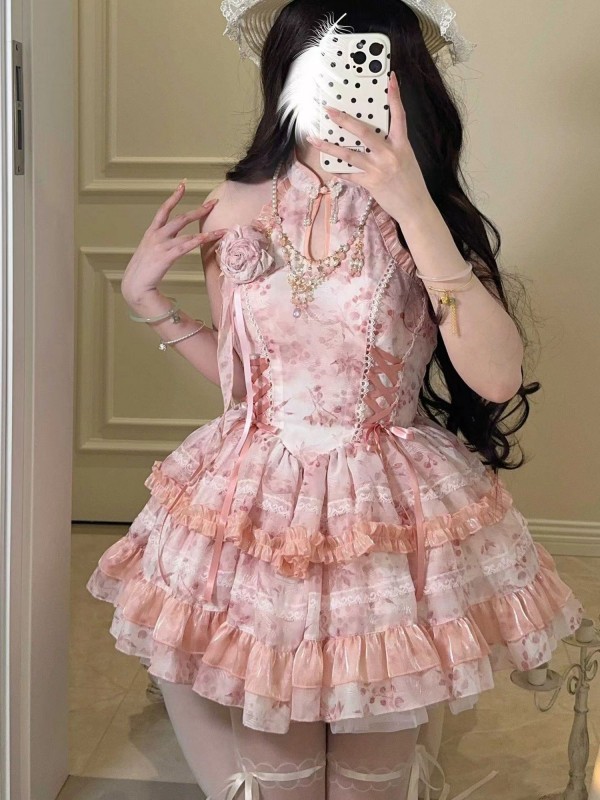 Lolita Chinese style hanging neck dress pink Lolita Chinese style hanging neck dress pink