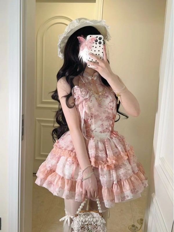 Lolita Chinese style hanging neck dress pink Lolita Chinese style hanging neck dress pink