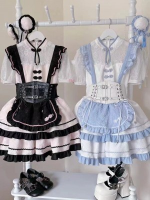 Lolita cute Chinese style short sleeved op dress Black and pink