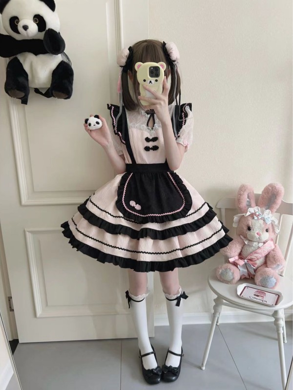 Lolita cute Chinese style short sleeved op dress Black and pink Lolita cute Chinese style short sleeved op dress Black and pink