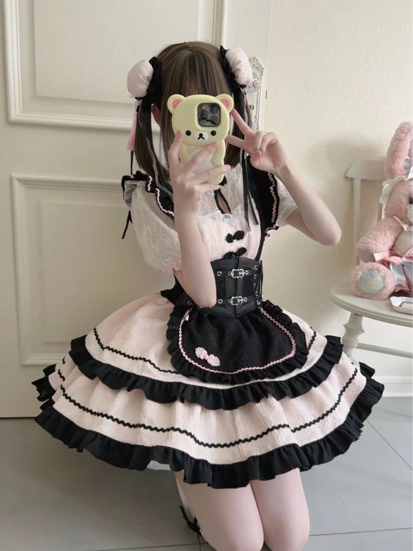 Lolita cute Chinese style short sleeved op dress Black and pink Lolita cute Chinese style short sleeved op dress Black and pink