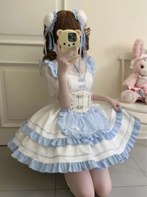 Lolita cute Chinese style short sleeved op dress blue（girdl）