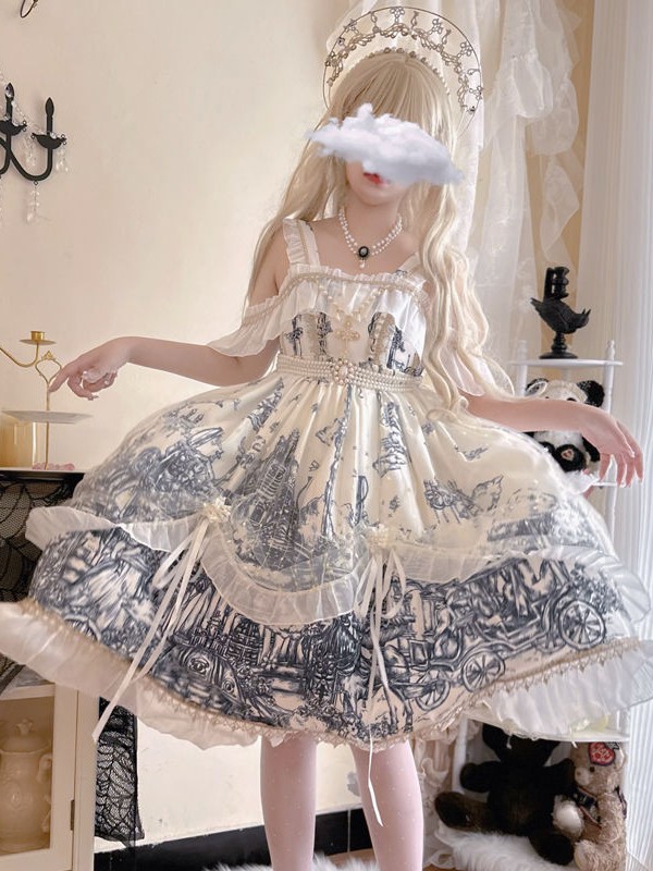 White Gothic Lolita Castle Feast Dark Halloween JSK Suspender Dress White Gothic Lolita Castle Feast Dark Halloween JSK Suspender Dress