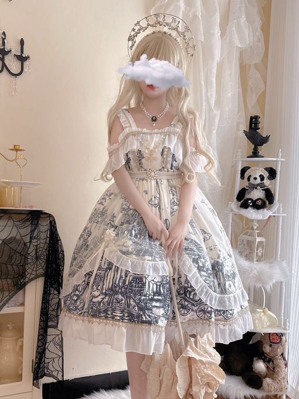 White Gothic Lolita Castle Feast Dark Halloween JSK Suspender Dress White Gothic Lolita Castle Feast Dark Halloween JSK Suspender Dress