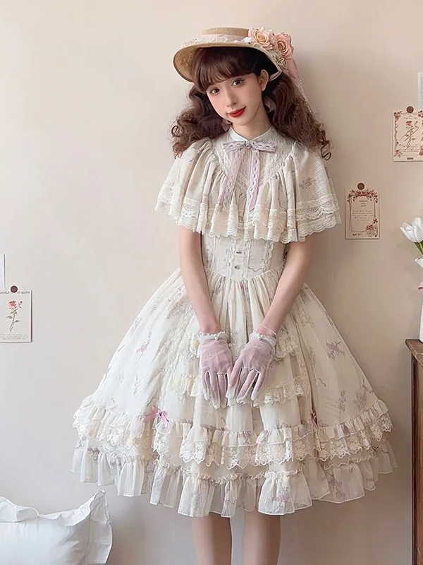 Sweet Edwardian Neckline Bluebell Print OP Lolita Short Dress Sweet Edwardian Neckline Bluebell Print OP Lolita Short Dress