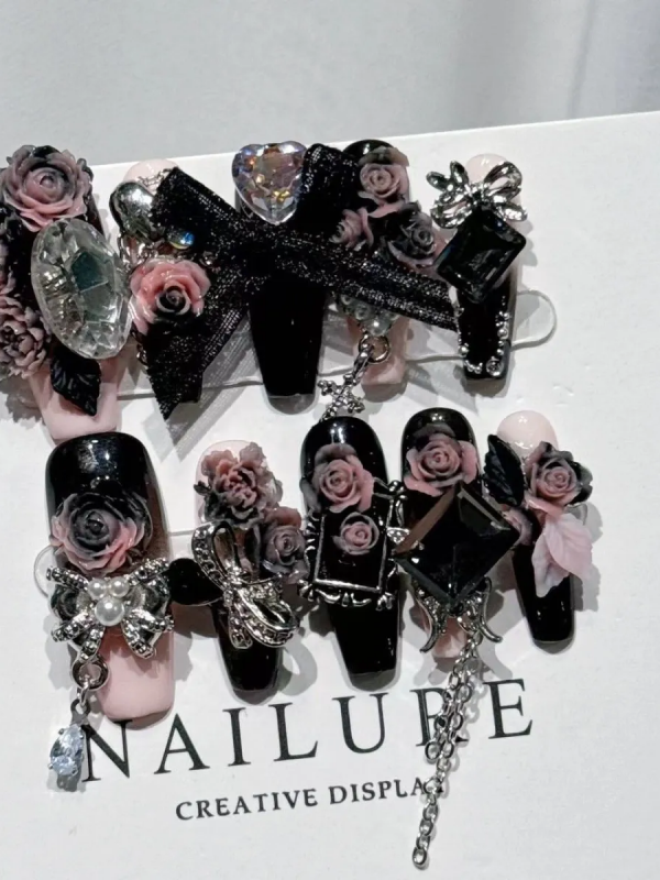 Black and Pink Rose Butterfly Wearable Nail Art Black and Pink Rose Butterfly Wearable Nail Art