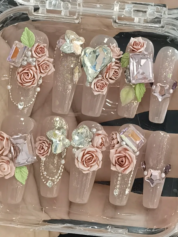 Pink Sweet Rose Carved Wearable Nail Art Pink Sweet Rose Carved Wearable Nail Art