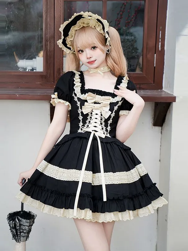 Sweet Gothic Black Square Neck Babydoll Short Lolita Dress Sweet Gothic Black Square Neck Babydoll Short Lolita Dress