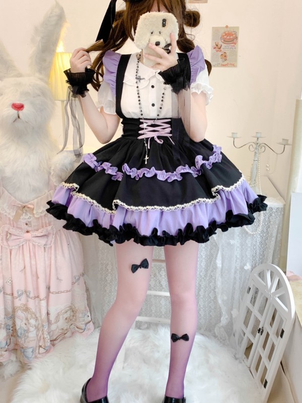 Sweet Contrast Color Lolita Suspender Skirt SK Skirt Sweet Contrast Color Lolita Suspender Skirt SK Skirt