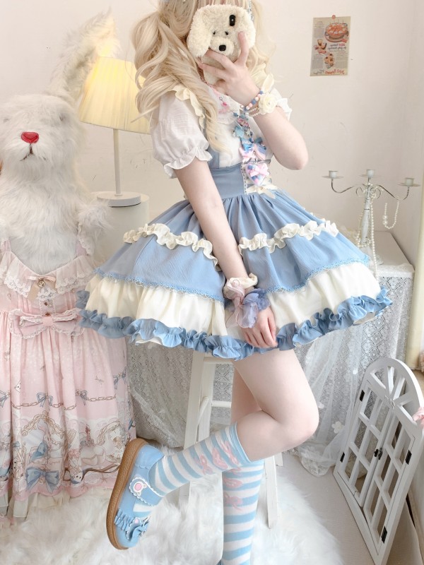 Sweet Contrast Color Lolita Suspender Skirt SK Skirt Sweet Contrast Color Lolita Suspender Skirt SK Skirt
