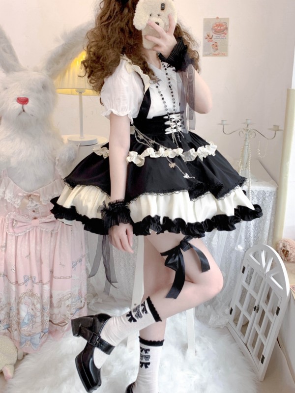 Sweet Contrast Color Lolita Suspender Skirt SK Skirt Sweet Contrast Color Lolita Suspender Skirt SK Skirt