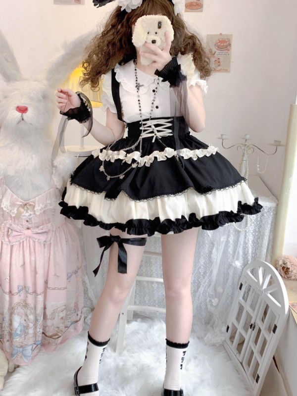 Sweet Contrast Color Lolita Suspender Skirt SK Skirt Sweet Contrast Color Lolita Suspender Skirt SK Skirt