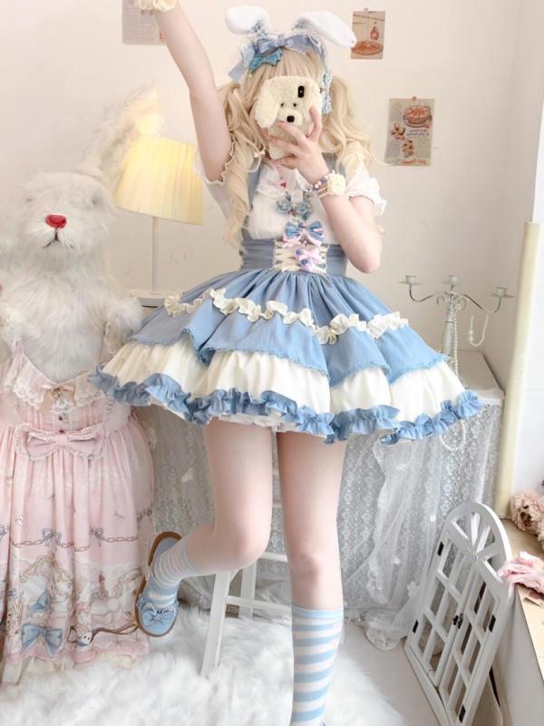 Sweet Contrast Color Lolita Suspender Skirt SK Skirt Sweet Contrast Color Lolita Suspender Skirt SK Skirt