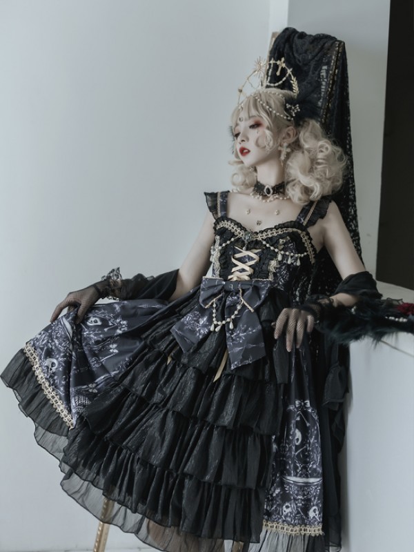 Black Retro Print Gothic Lolita JSK Suspender Dress Black Retro Print Gothic Lolita JSK Suspender Dress
